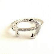 Sideways Anchor Ring-Sterling Silver W/ Rope Band and CZ-Sizes 5 to 9