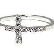 Sideways Cross Ring-Rhodium Over 925 Sterling Silver With Hand Set CZ Ring