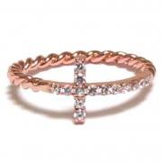 Sideways Cross Ring-Rose Gold Over 925 Sterling Silver With Hand Set CZ Ring With Rope Band-Size 8