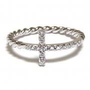 Sideways Cross Ring-Rhodium Over 925 Sterling Silver With Hand Set CZ Ring With Rope Band-Size 6