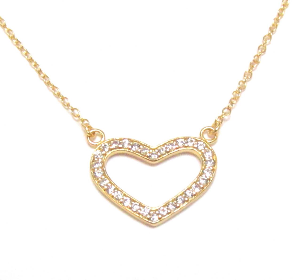 Heart Necklace - 14 Kt Gold Over 925 Sterling Silver Open Heart Necklace With Cz On A 18" Chain