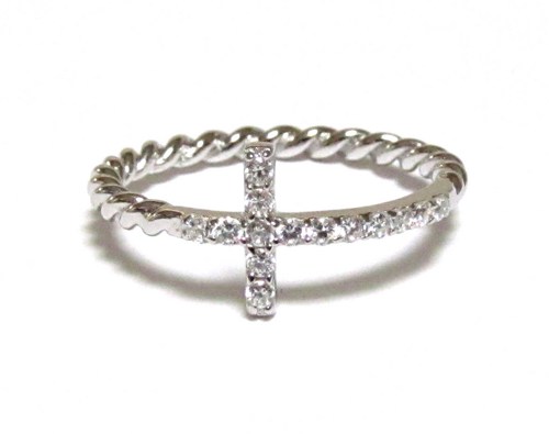 Sideways Cross Ring-rhodium Over 925 Sterling Silver With Hand Set Cz Ring With Rope Band-size 7