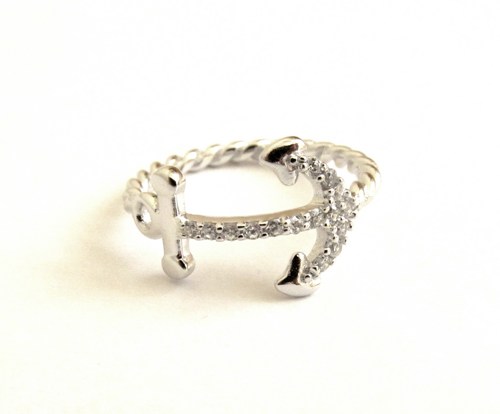 Sideways Anchor Ring-sterling Silver W/ Rope Band And Cz-sizes 5 To 9