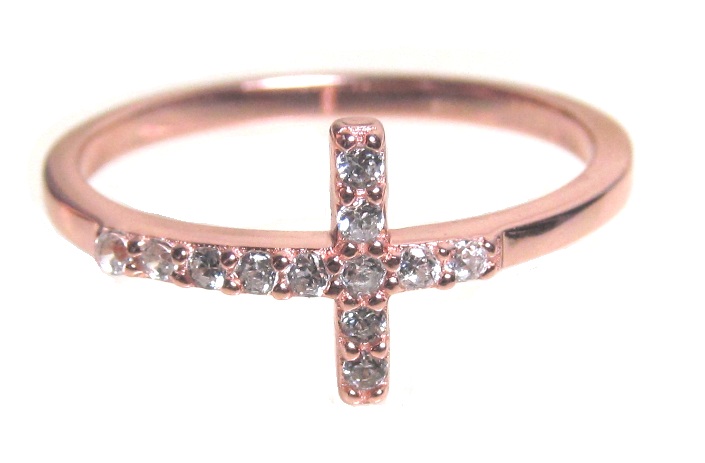 Sideways Cross Ring-rose Gold Over 925 Sterling Silver With Hand Set Cz Ring