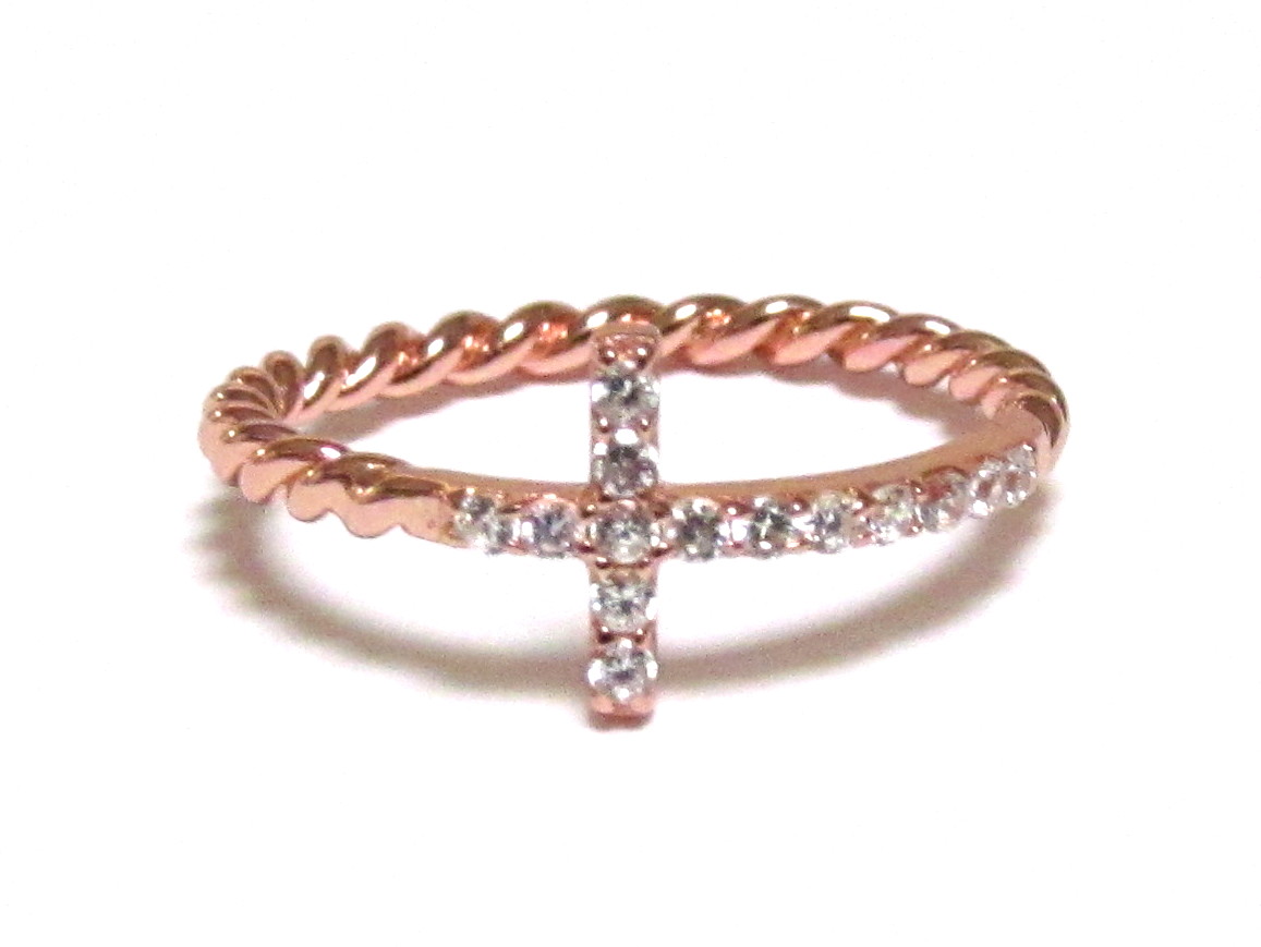 Sideways Cross Ring-rose Gold Over 925 Sterling Silver With Hand Set Cz Ring With Rope Band-size 8