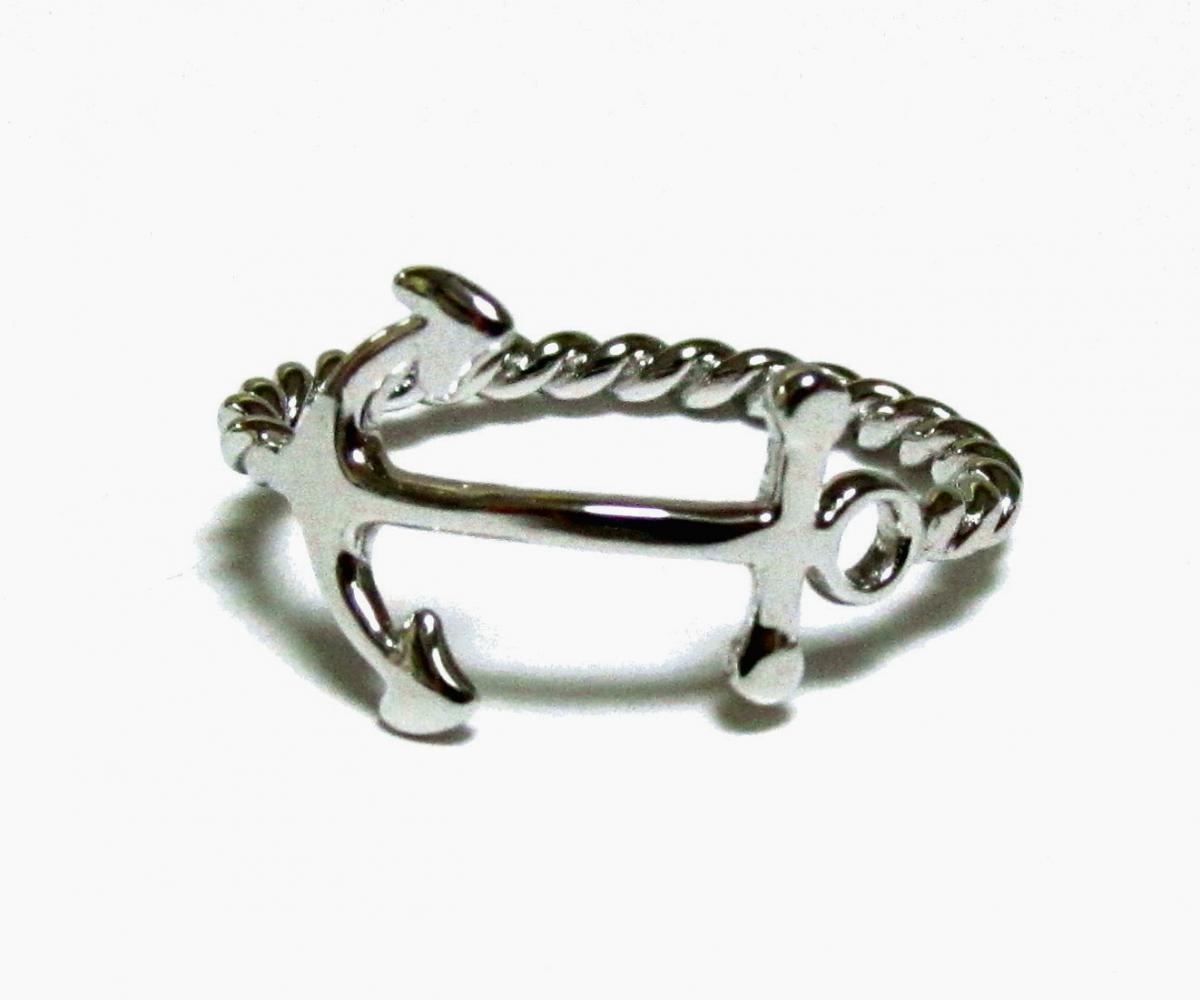 Anchor Ring-rhodium Over 925 Sterling Silver With Rope Band-size 8