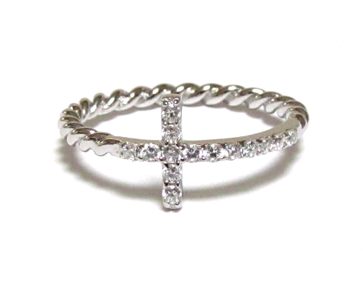 Sideways Cross Ring-rhodium Over 925 Sterling Silver With Hand Set Cz Ring With Rope Band-size 6