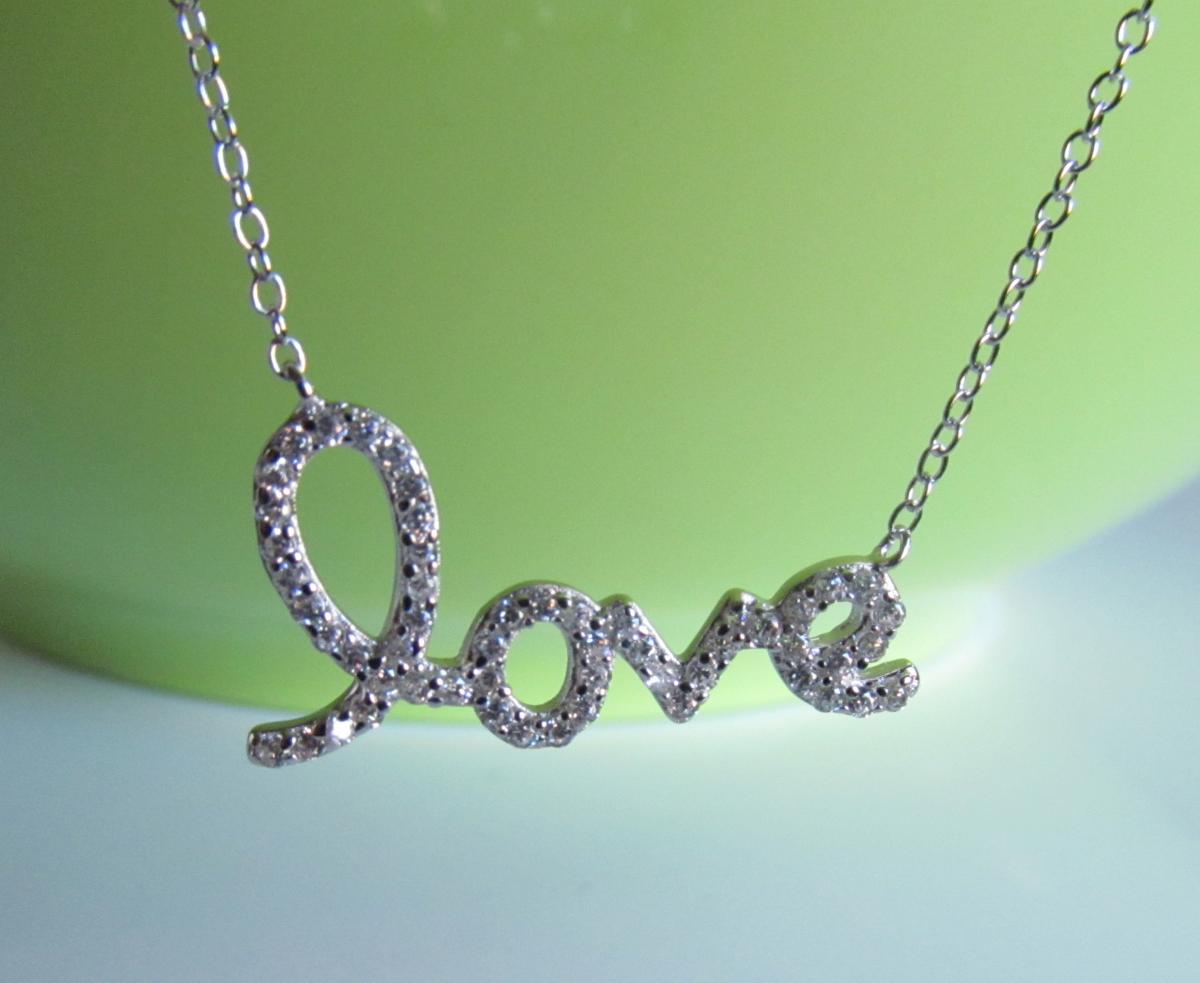 Script Letter Love Necklace-Rhodium Over 925 Sterling Silver On 16"+2" Cable Chain