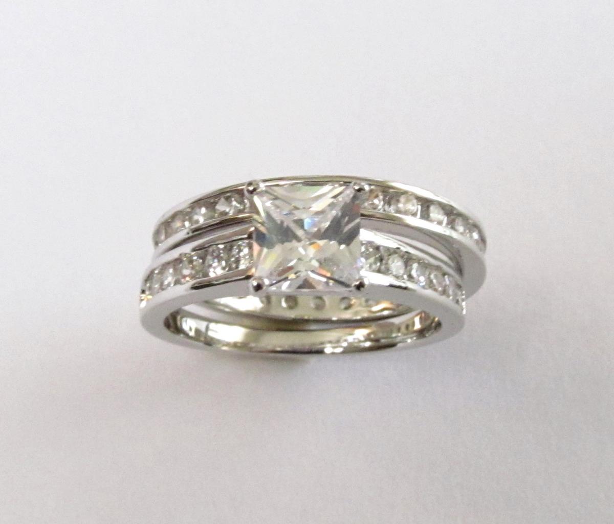 Cz Engagement Set-rhodium Plated Cz Wedding Rings-sizes 7 To 9