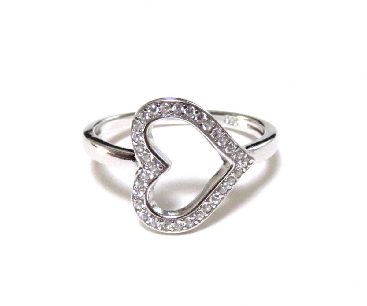 Sideways Heart Ring-rhodium Over 925 Sterling Silver Ring With Cz-size 5 To 9
