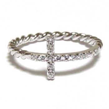 Sideways Cross Ring-Rhodium Over 925 Sterling Silver With Hand Set CZ Ring With Rope Band-Size 7