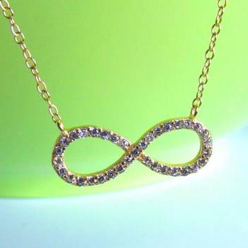 CZ Infinity Necklace-14 Kt Gold Over 925 Sterling Silver Necklace With CZ On 16+2 Cable Chain
