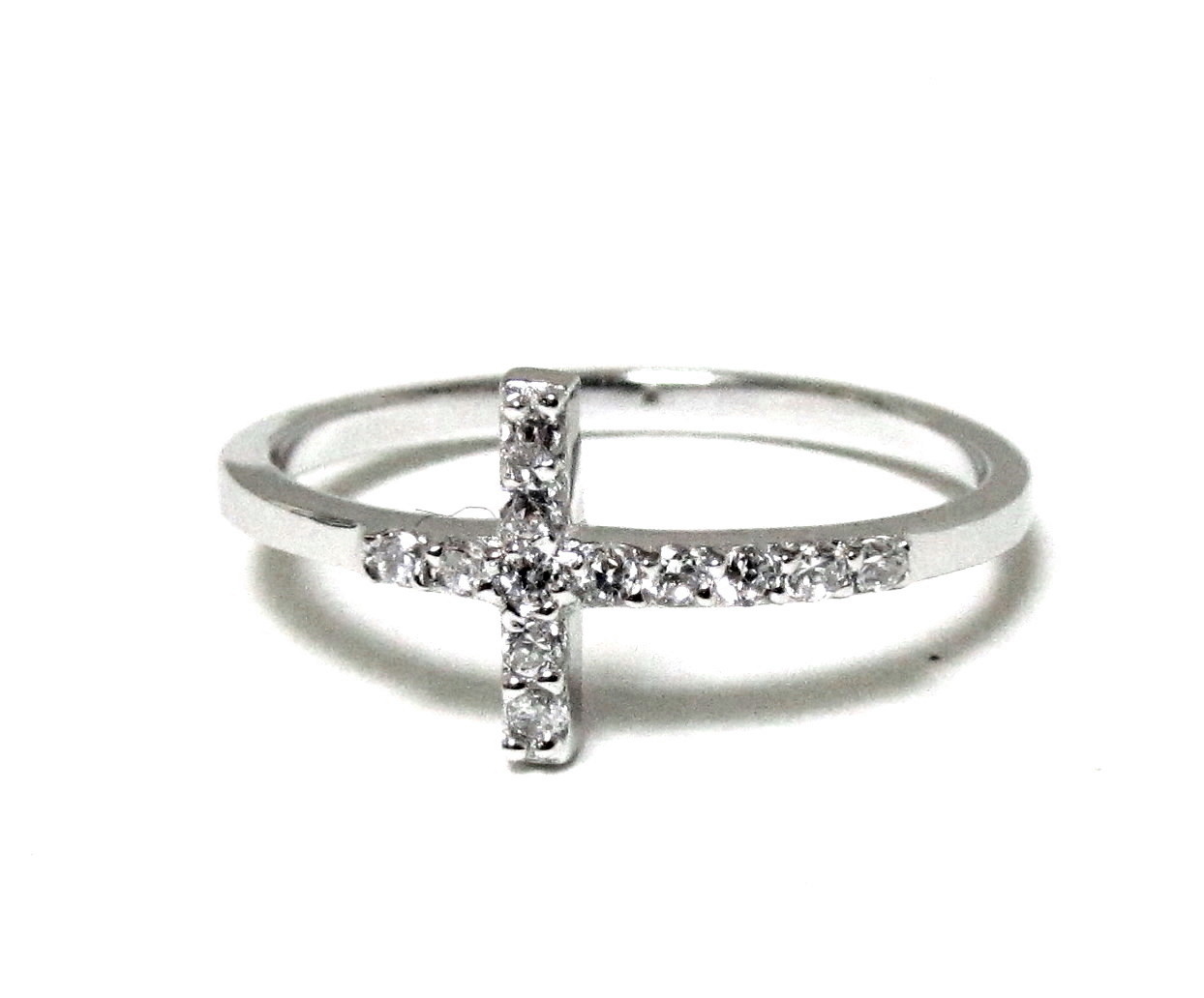 Sideways Cross Ring-rhodium Over 925 Sterling Silver With Hand Set Cz ...